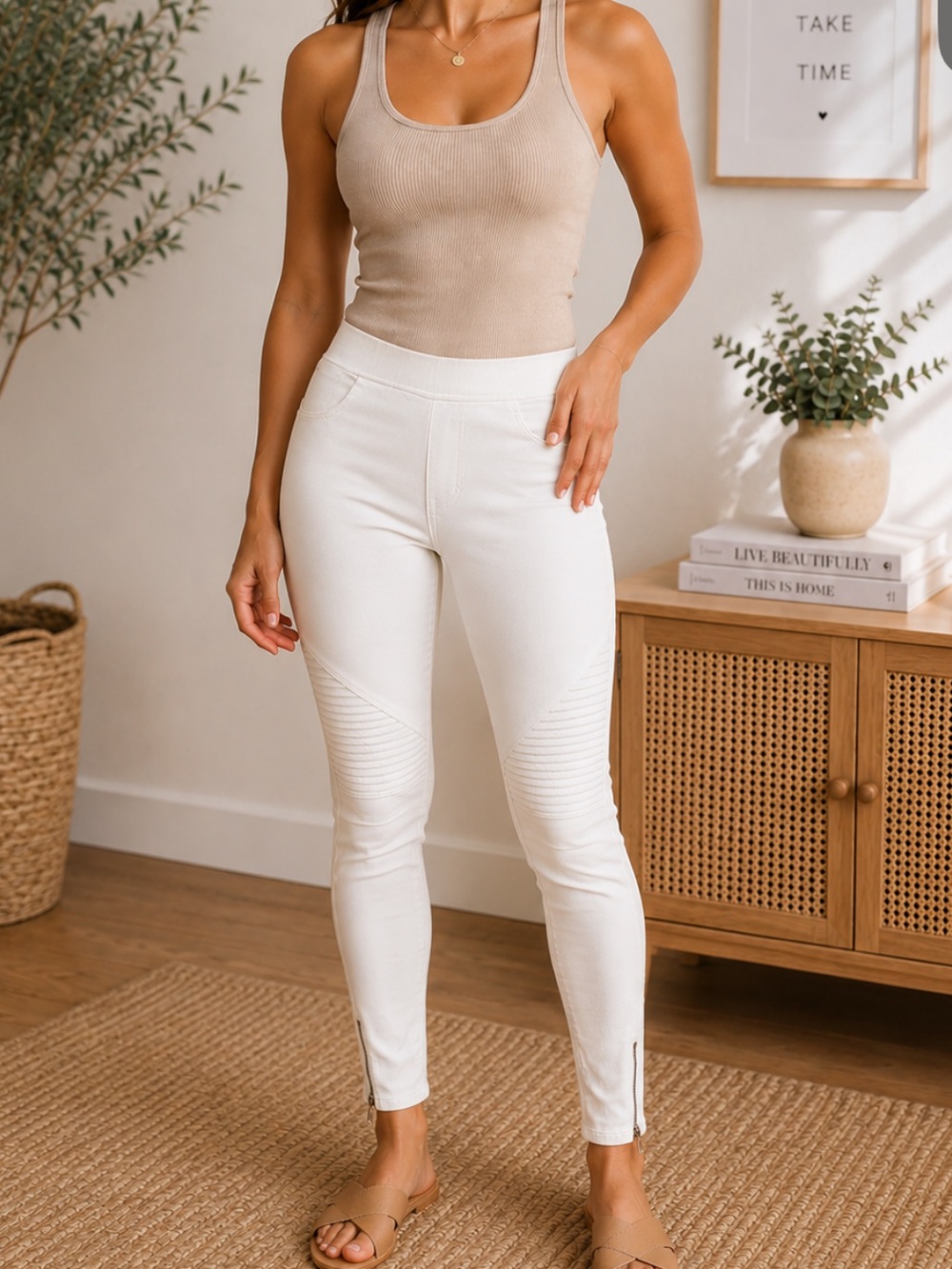 Beulah White Women's Jeggings with Moto Stitching & Ankle Zippers